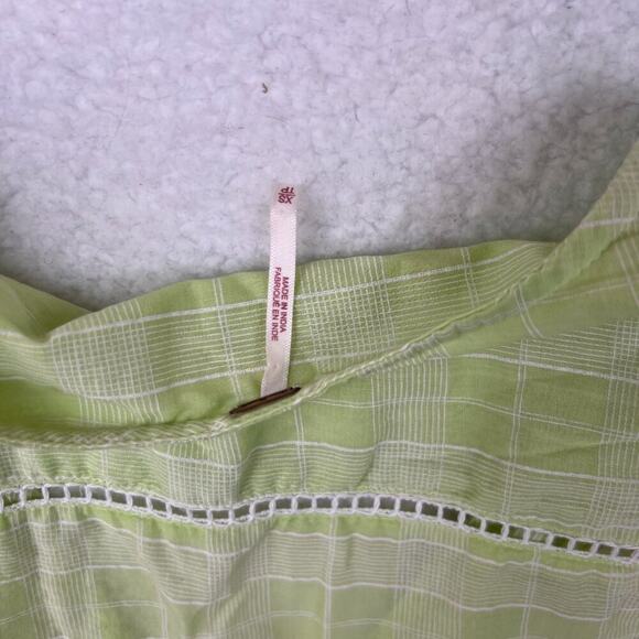 Free People Boho Cottage Core Blouse Time Out Lace Plaid Lime Tunic Top XS - Picture 5 of 5